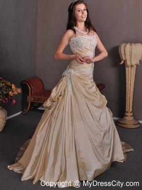 Champagne Strapless A-line Appliques Chapel Train Wedding Gown