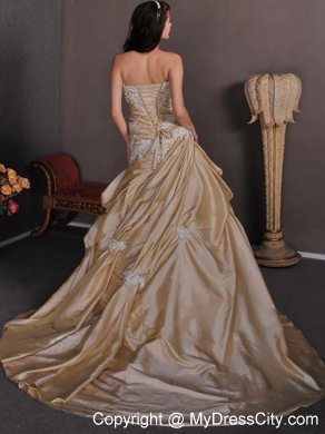 Champagne Strapless A-line Appliques Chapel Train Wedding Gown