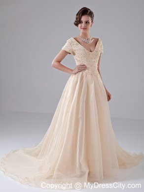 Diamonds Short Sleeves Champagne Court Train Bridal Gown