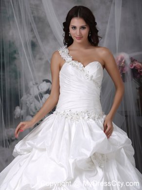 A-line One shoulder Court Train Taffeta Appliques Bridal Gown with Pick-ups