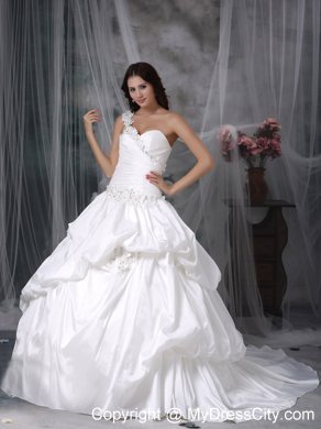 A-line One shoulder Court Train Taffeta Appliques Bridal Gown with Pick-ups