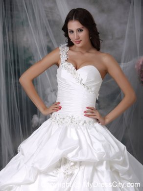 A-line One shoulder Court Train Taffeta Appliques Bridal Gown with Pick-ups