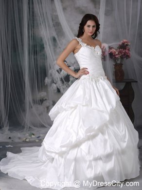 A-line One shoulder Court Train Taffeta Appliques Bridal Gown with Pick-ups