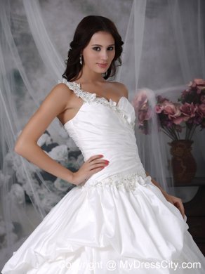 A-line One shoulder Court Train Taffeta Appliques Bridal Gown with Pick-ups