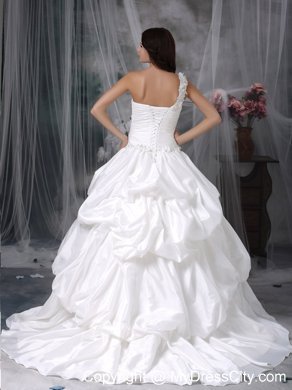 A-line One shoulder Court Train Taffeta Appliques Bridal Gown with Pick-ups