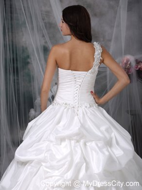 A-line One shoulder Court Train Taffeta Appliques Bridal Gown with Pick-ups