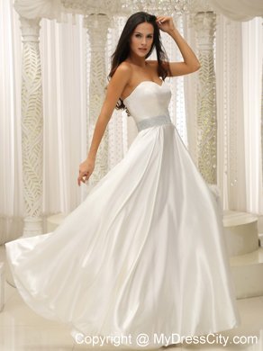 Floor-length Sweetheart Ruching Satin Wedding Dress with Beaded Waist