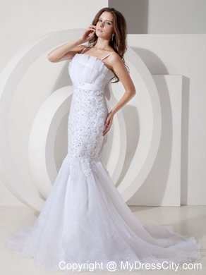 Mermaid Straps Court Train Beaded Bridal Gown with Bowknot on the Back