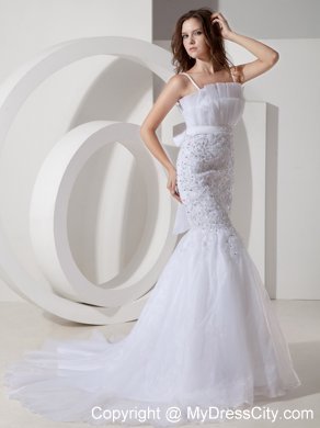 Mermaid Straps Court Train Beaded Bridal Gown with Bowknot on the Back