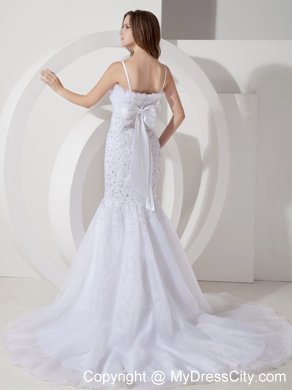 Mermaid Straps Court Train Beaded Bridal Gown with Bowknot on the Back