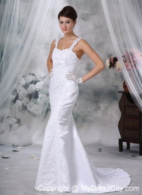 White Mermaid Straps Court Train Satin Wedding Dress with Lace Appliques