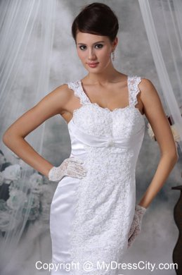 White Mermaid Straps Court Train Satin Wedding Dress with Lace Appliques