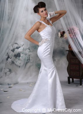 White Mermaid Straps Court Train Satin Wedding Dress with Lace Appliques