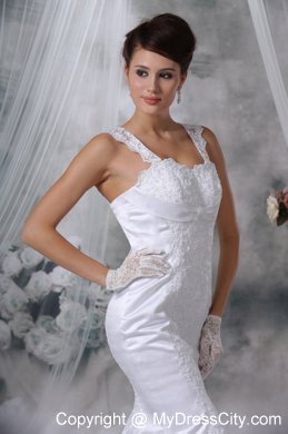 White Mermaid Straps Court Train Satin Wedding Dress with Lace Appliques