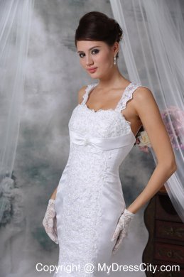 White Mermaid Straps Court Train Satin Wedding Dress with Lace Appliques