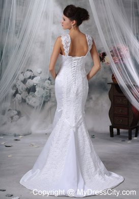 White Mermaid Straps Court Train Satin Wedding Dress with Lace Appliques