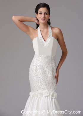 Mermaid Halter Asymmetrical Bridal Gown With Beading and Hand Made Flowers