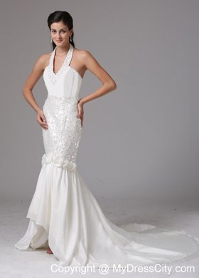 Mermaid Halter Asymmetrical Bridal Gown With Beading and Hand Made Flowers