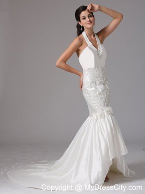 Mermaid Halter Asymmetrical Bridal Gown With Beading and Hand Made Flowers