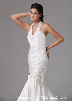 Mermaid Halter Asymmetrical Bridal Gown With Beading and Hand Made Flowers