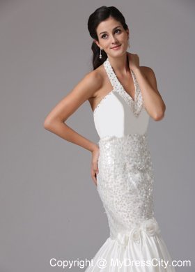 Mermaid Halter Asymmetrical Bridal Gown With Beading and Hand Made Flowers