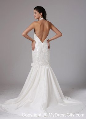 Mermaid Halter Asymmetrical Bridal Gown With Beading and Hand Made Flowers