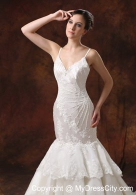 Spaghetti Straps Mermaid Brush Train Lace Wedding Dress with Layers