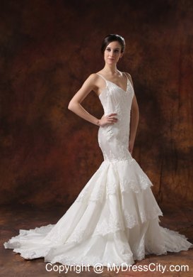 Spaghetti Straps Mermaid Brush Train Lace Wedding Dress with Layers