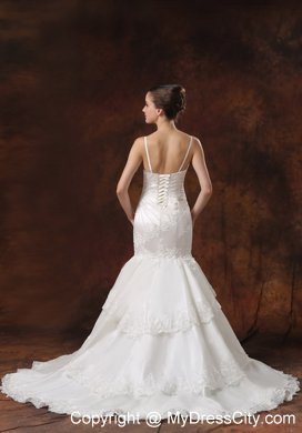 Spaghetti Straps Mermaid Brush Train Lace Wedding Dress with Layers