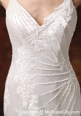 Spaghetti Straps Mermaid Brush Train Lace Wedding Dress with Layers