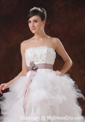 Brush Train Ruffles Decorate High-low Wedding Dress with Flowers Belt