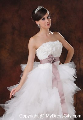 Brush Train Ruffles Decorate High-low Wedding Dress with Flowers Belt