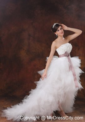 Brush Train Ruffles Decorate High-low Wedding Dress with Flowers Belt