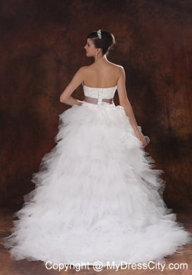 Brush Train Ruffles Decorate High-low Wedding Dress with Flowers Belt