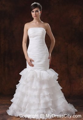 Mermaid Brush Train Organza Ruching Wedding Dress with Ruffled Layers