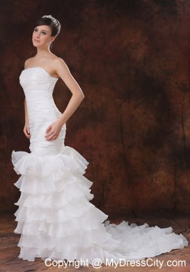 Mermaid Brush Train Organza Ruching Wedding Dress with Ruffled Layers