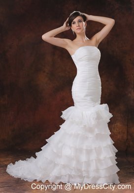 Mermaid Brush Train Organza Ruching Wedding Dress with Ruffled Layers