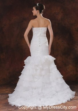 Mermaid Brush Train Organza Ruching Wedding Dress with Ruffled Layers