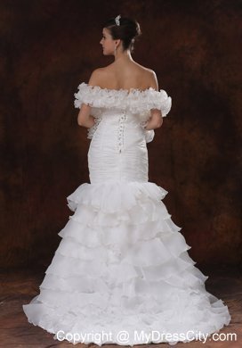 Mermaid Brush Train Organza Ruching Wedding Dress with Ruffled Layers