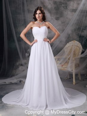 White Empire Sweetheart Court Train Chiffon Ruching Bridal Gown with Beading