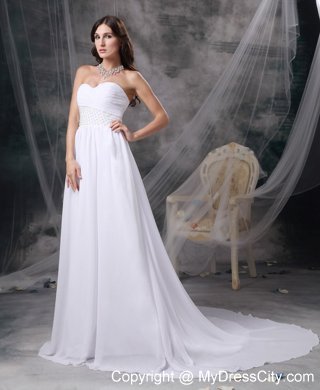 White Empire Sweetheart Court Train Chiffon Ruching Bridal Gown with Beading