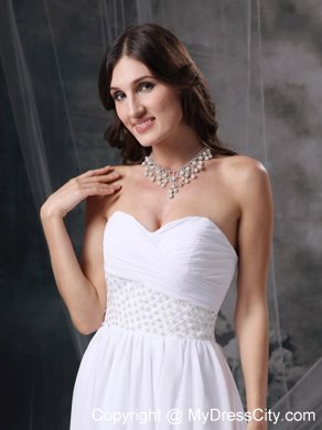 White Empire Sweetheart Court Train Chiffon Ruching Bridal Gown with Beading