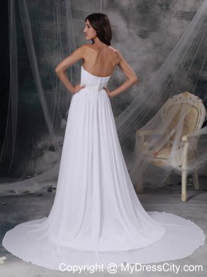 White Empire Sweetheart Court Train Chiffon Ruching Bridal Gown with Beading