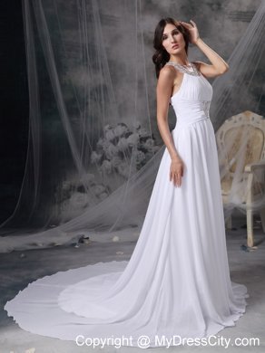 Court Train Beading and Ruche Decorate Bridal Gown with Jeweled Scoop Neckline