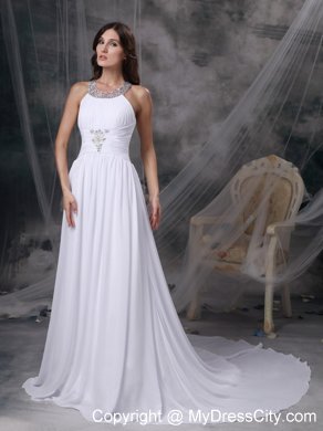 Court Train Beading and Ruche Decorate Bridal Gown with Jeweled Scoop Neckline