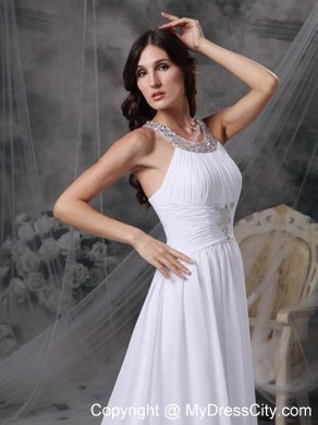 Court Train Beading and Ruche Decorate Bridal Gown with Jeweled Scoop Neckline