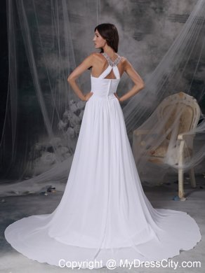 Court Train Beading and Ruche Decorate Bridal Gown with Jeweled Scoop Neckline