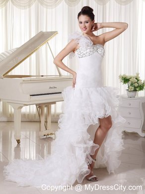 One Shoulder High Slit Ruffles Court Train Bridal Gown with Flowers and Beading