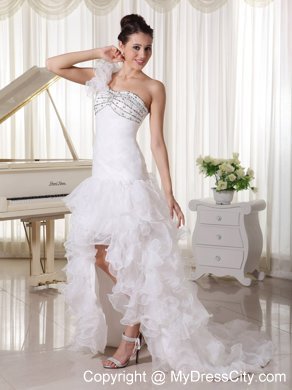 One Shoulder High Slit Ruffles Court Train Bridal Gown with Flowers and Beading