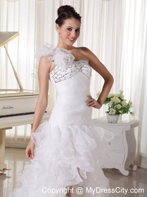 One Shoulder High Slit Ruffles Court Train Bridal Gown with Flowers and Beading